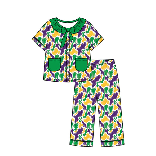 Preorder (moq 5) Baby Girl Clothes Bright Mardi Gras Cow Camo Mixed Print Short Sleeve Ruffle Bow Long Pant Pajama Set