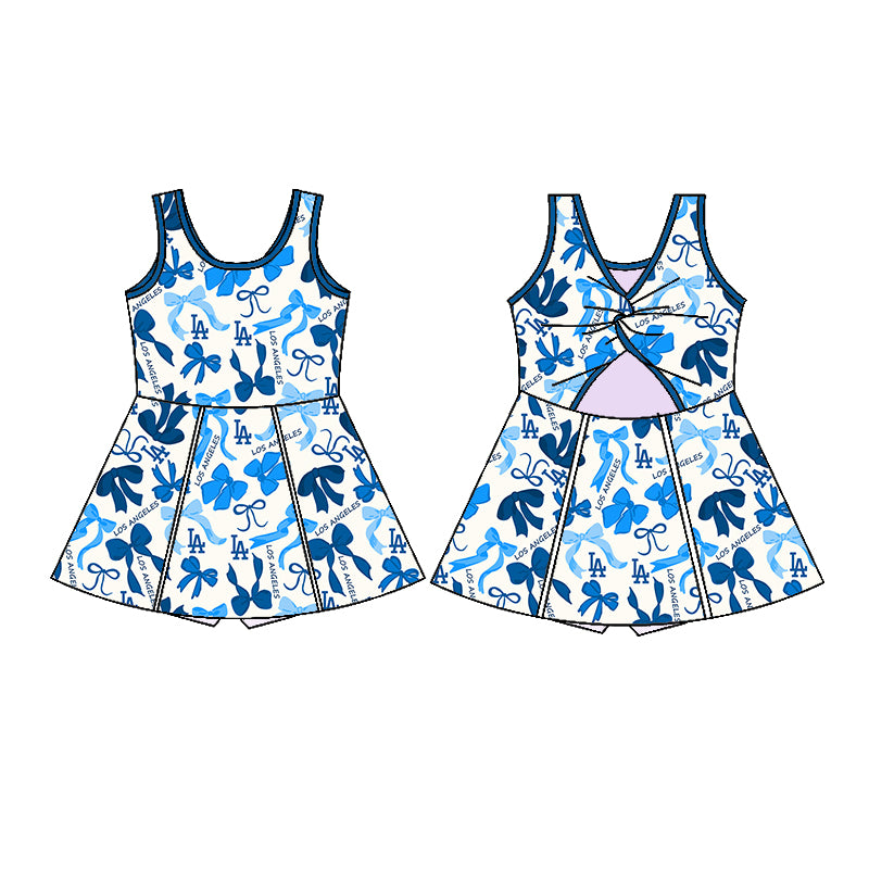 Preorder (moq 5)Baby Girls Hot Blue Sleeveless Bows Plaid LA Short Team Knee Length Dresses