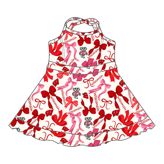 Preorder (moq 5)Baby Girls Strap Red Wisconsin Bows Plaid Ruffle Shorts Team Knee Length Dresses