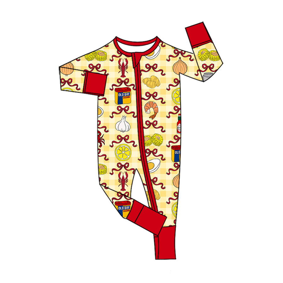 Preorder (moq 5) Baby Crawfish Lemon Rose Gingham Print Long Sleeve Zipper Romper Boutique Baby Clothes