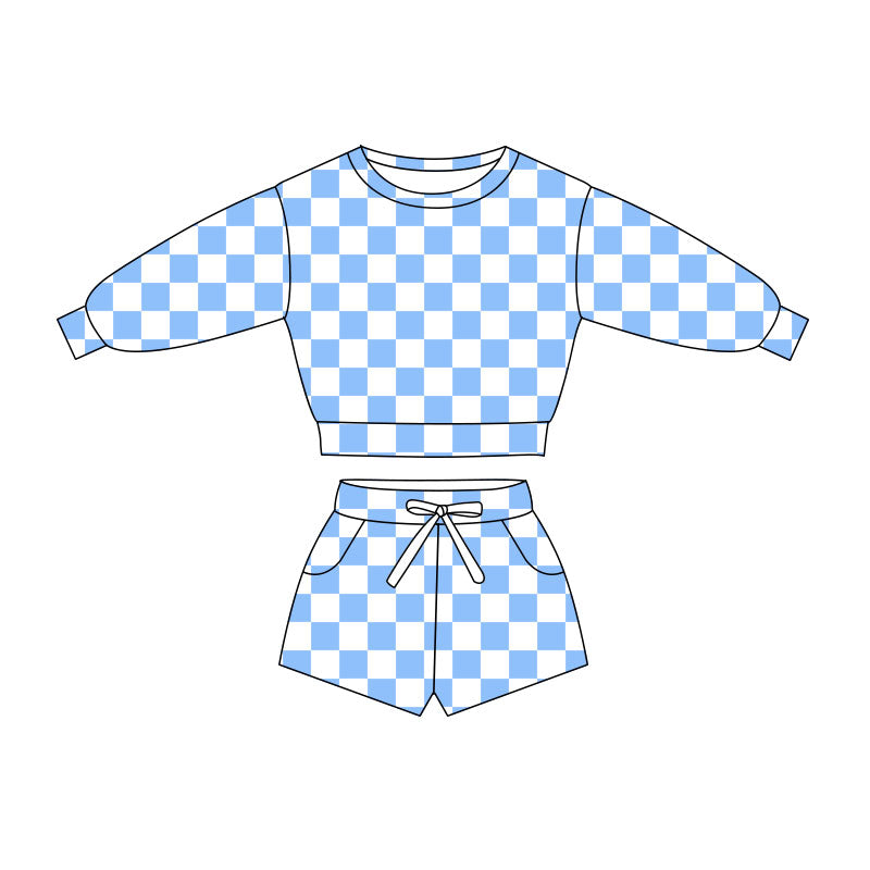 Preorder(moq 5) Baby Girls Blue Checked Long Sleeve Pockets Shorts Clothes Sets