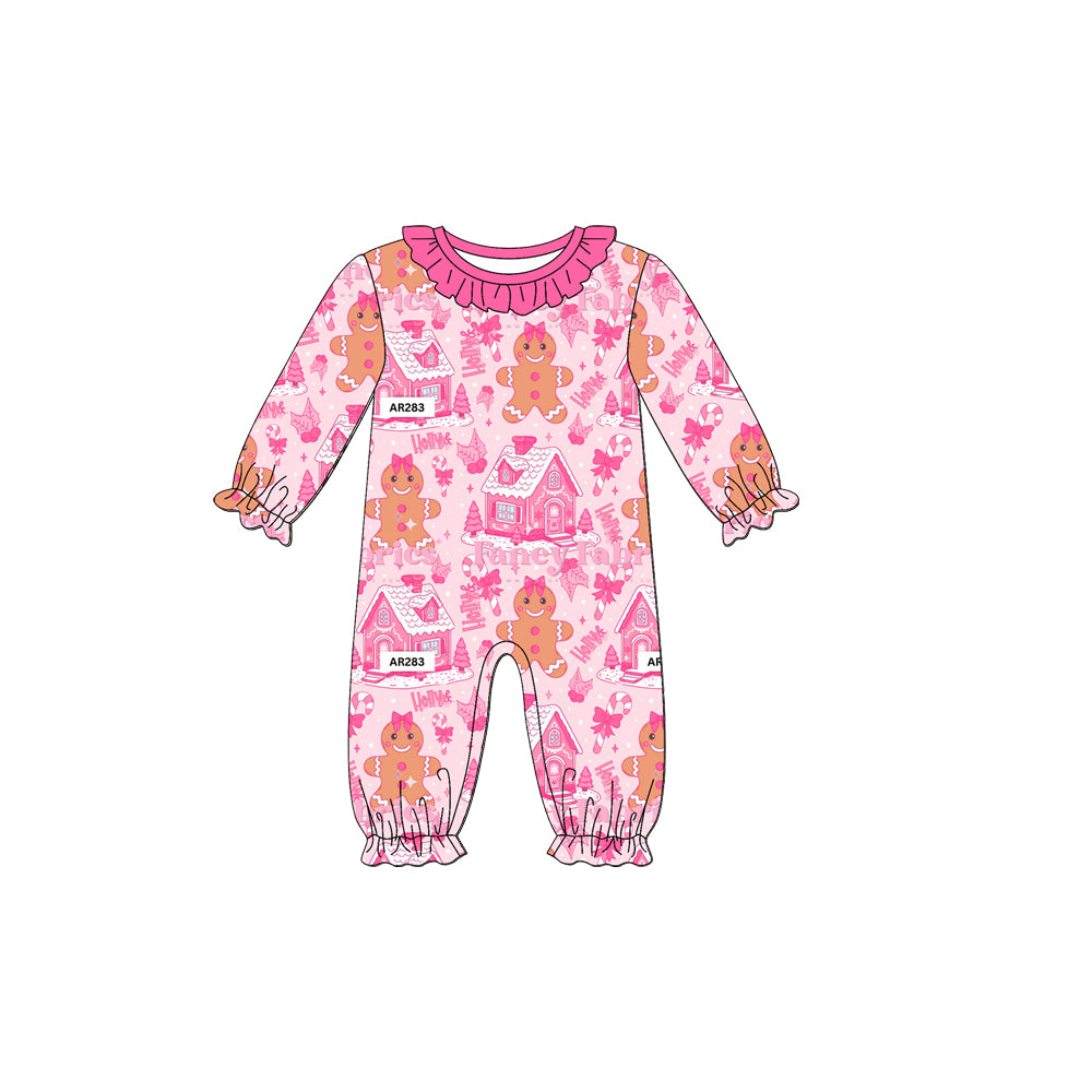 Preorder (moq 5)Baby Girls Long Sleeves Hot Pink Gingerbread House Ruffle Pant Romper