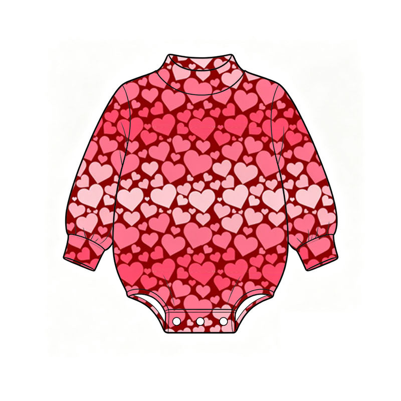 Preorder (moq 5) Baby Girl Clothes Valentine Red Pink Heart Mixed Print Long Sleeve Mock Neck Bubble Romper