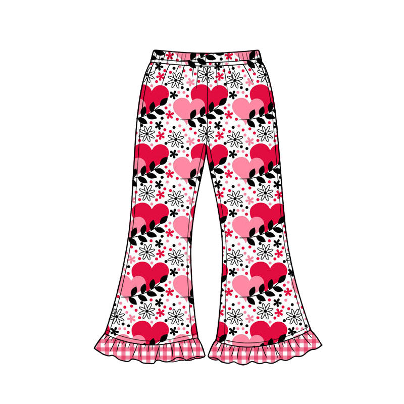 Preorder (moq 5) Baby Girl Clothes Red Heart Floral Gingham Mixed Print Ruffle Hem Flare Pants