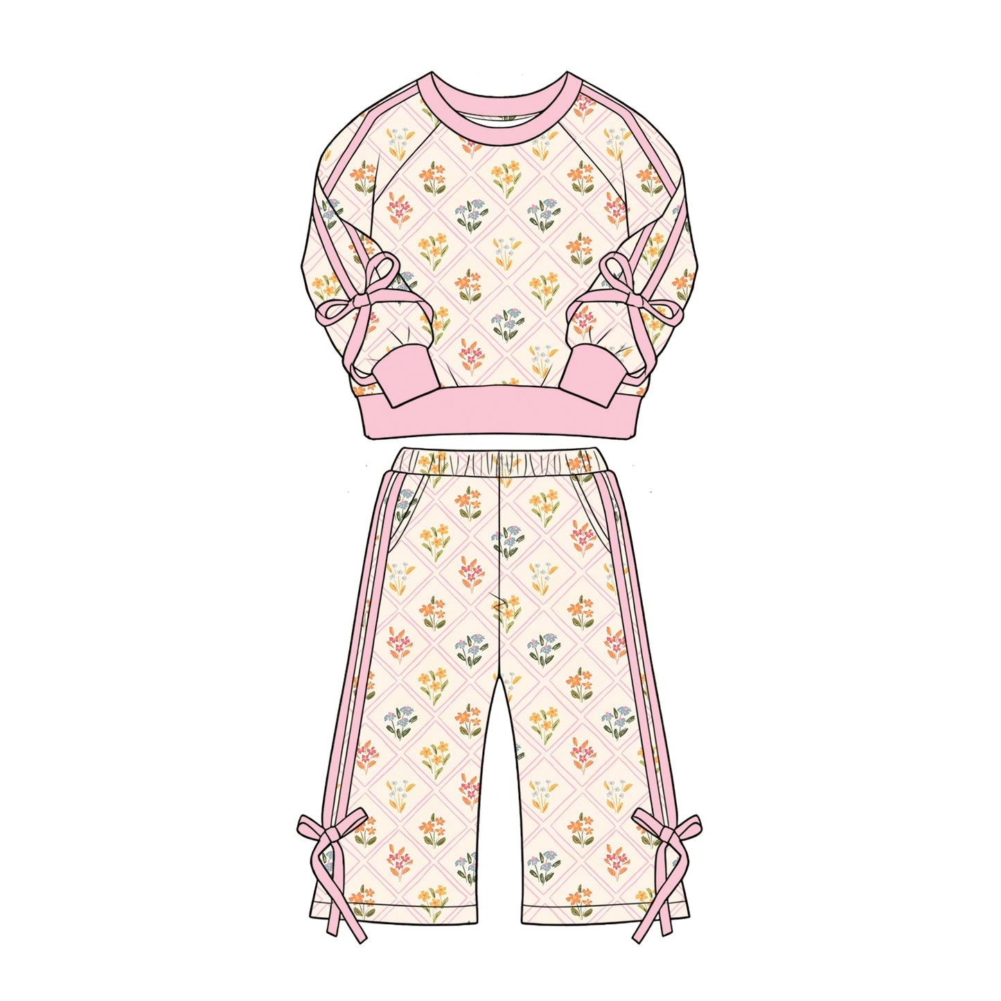 Preorder (moq 5)Baby Girls Colorful Flowers Checked Top Flare Pockets Pant Clothes Sets