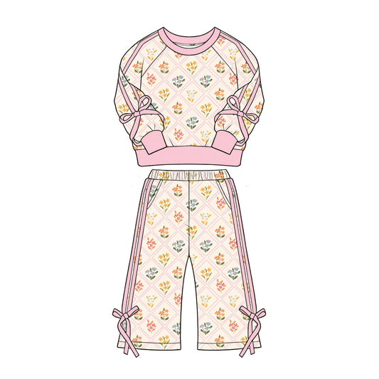 Preorder (moq 5)Baby Girls Colorful Flowers Checked Top Flare Pockets Pant Clothes Sets