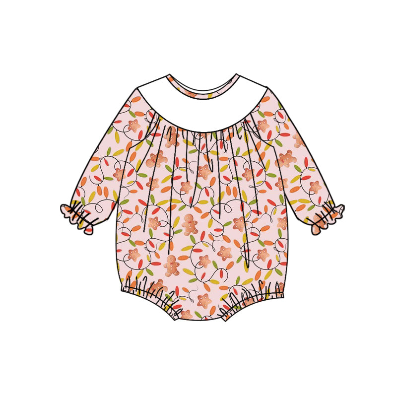 Preorder (moq 5)Baby Girls Long Sleeves Pink Lights Gingerbread Plaid Ruffle Romper