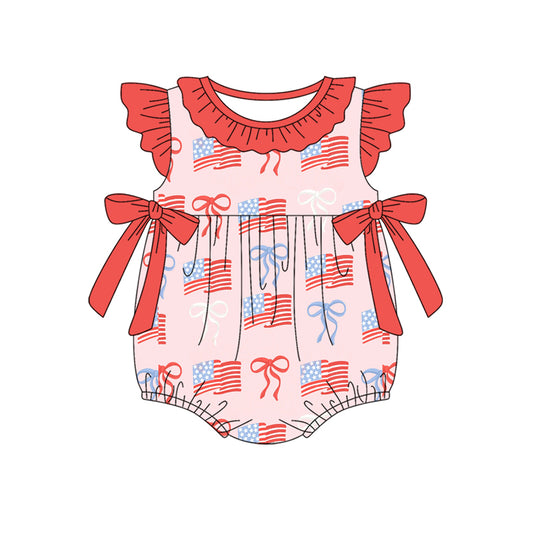 Preorder(moq 5)Baby Infant Girls 4th Of July Flags Bows Summer Rompers
