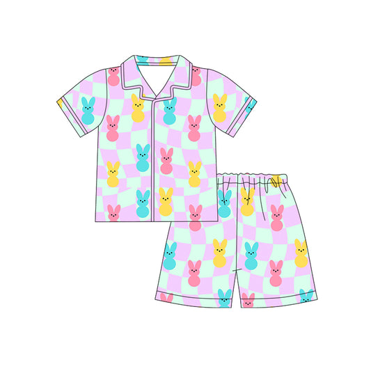 Preorder (moq 5)Baby Girls Colorful Rabbits Checked Button Top Shorts Easter Pajamas Sets