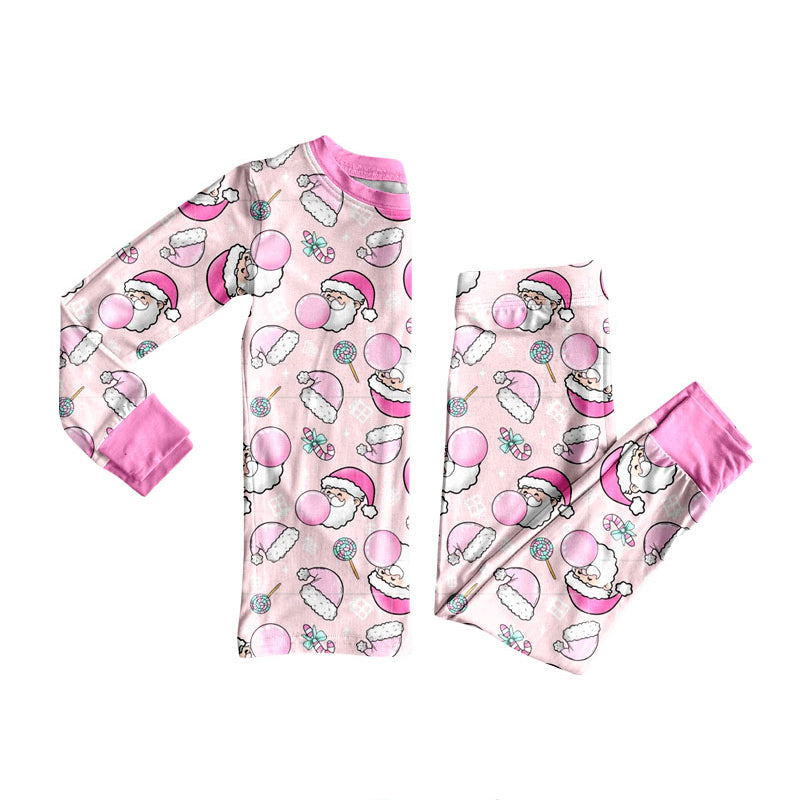 Preorder (moq 5)Baby Girls Pink Santa Candy Cane Christmas Long Sleeves Pajamas Sets
