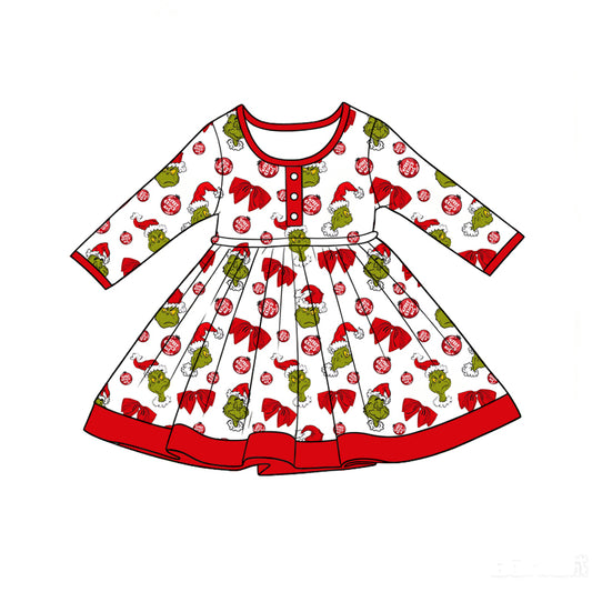 Preorder (moq 5)Baby Girls Green Frogs Bows Merry Christmas Button Knee Length Dresses