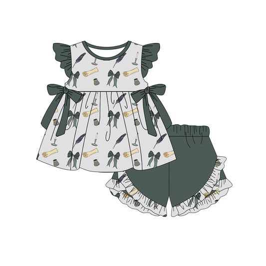 Preorder (moq 5)Baby Girls Dark Green Flutter Sleeves Bows Feather Tunic Ruffle Short Set