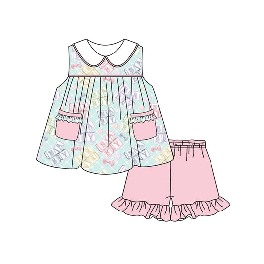 Preorder (moq 5)Baby Girls Pink Letters Pockets Tunic Ruffle Shorts Clothes Sets
