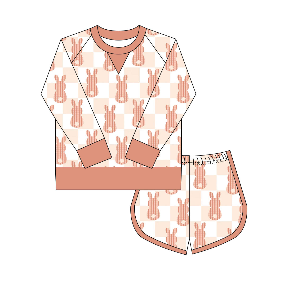 Preorder(moq 8)Baby Girls Orange Checked Rabbits Long Sleeve Top Shorts Easter Clothes Set