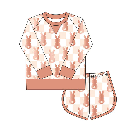 Preorder(moq 8)Baby Girls Orange Checked Rabbits Long Sleeve Top Shorts Easter Clothes Set