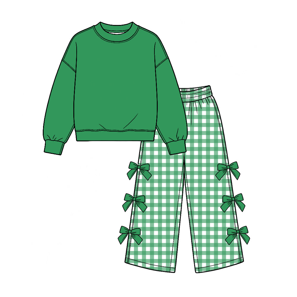 Preorder (moq 5) Baby Girl Clothes Solid Green Top Gingham Check Bow Decor Long Sleeve Wide Leg Pant Set