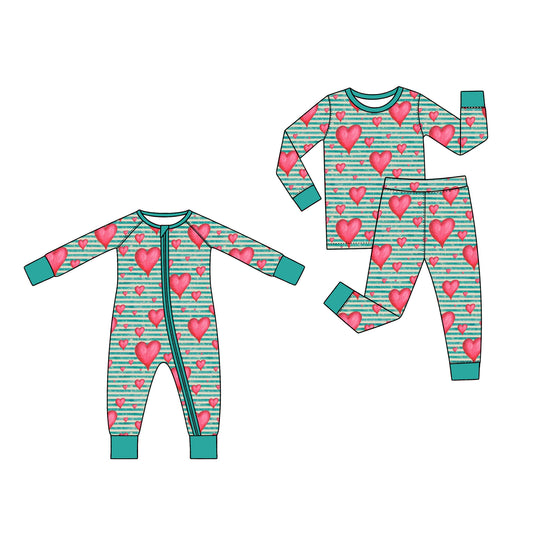 Preorder (moq 5) Baby Girl Clothes Teal Stripe Red Heart Mixed Print Long Sleeve Top Pant Pajama Set
