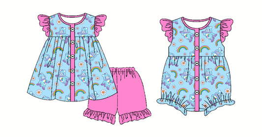 Preorder moq 5 Custom Baby Girls Button Cartoon Bears Rainbows Tunic Ruffle Short Set Rompers
