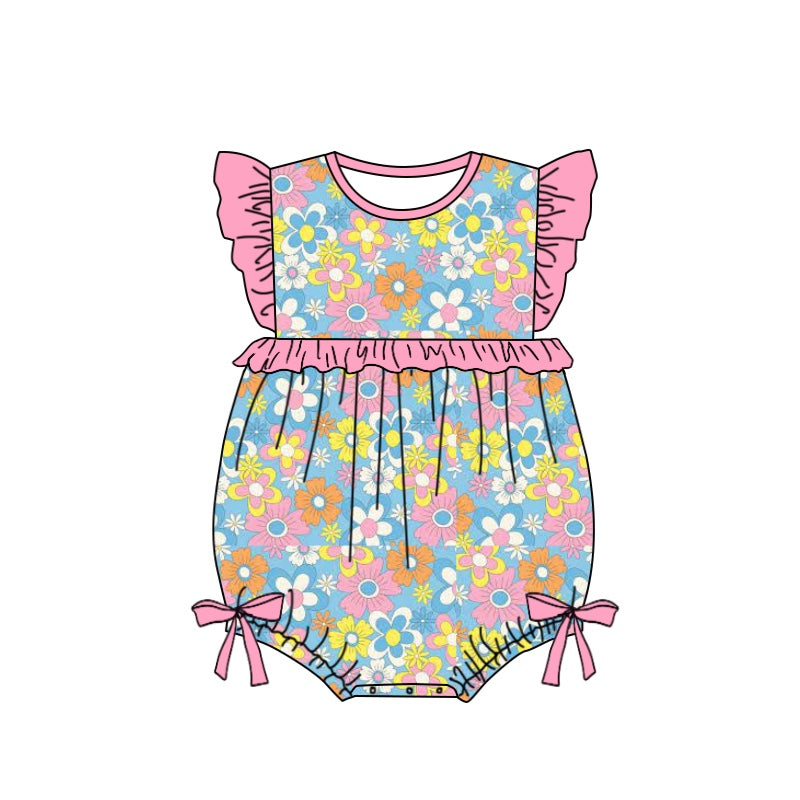 Baby Infant Girls Blue Pink Flowers Flutter Sleeve Rompers preorder(moq 5)