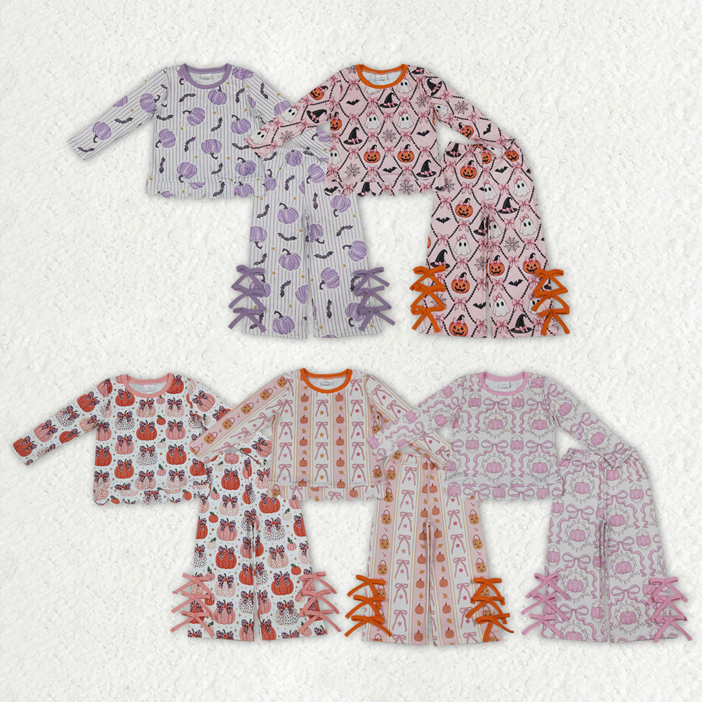 Sibling Baby Girls Bows Bats Pumpkins Scallop Top Bows Flare Pant Fall Halloweens Clothes Sets