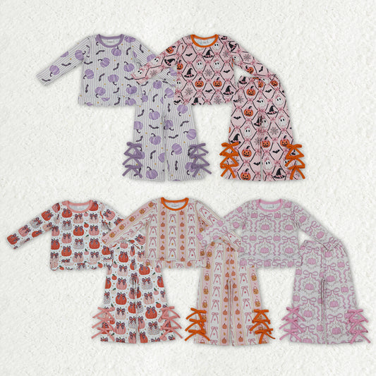Sibling Baby Girls Bows Bats Pumpkins Scallop Top Bows Flare Pant Fall Halloweens Clothes Sets