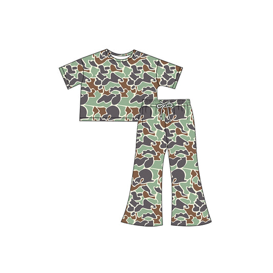 Baby Girls Dark Green Camouflage Top Bell Pants Kids Clothing Sets preorder(MOQ 5)