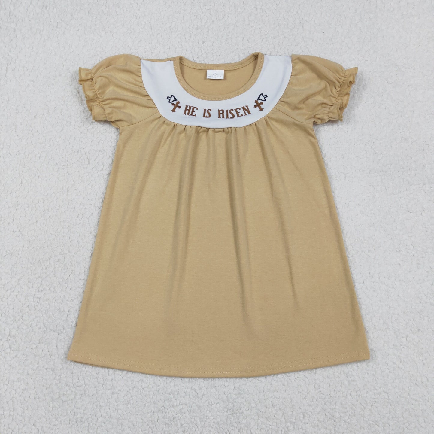 Embroidery Crosses He is Risen Baby Girls Khaki Easter Knee Length Dresses