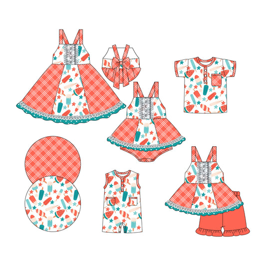 Preorder moq 5 Custom Baby Kids Peach Strap Stars Popsicle Plaid Tunic Ruffle Short 4th Of July Set Button Pocket Polo Shirts Rompers Knee Length Dress And Bummies Set