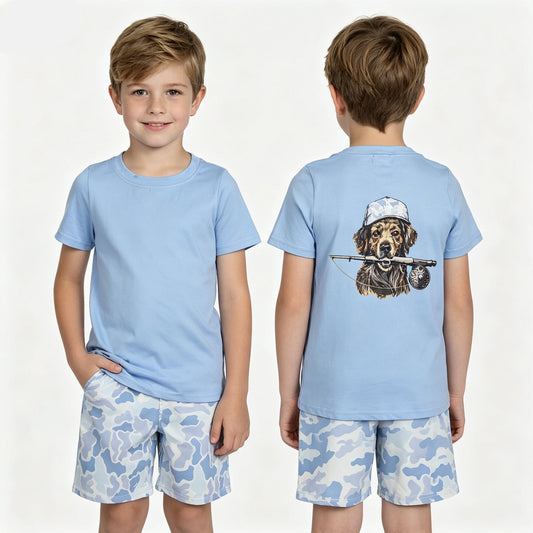 Baby Boys Back Dog Fishing Top Light Blue Camo Pockets Short Hunting Clothes Set