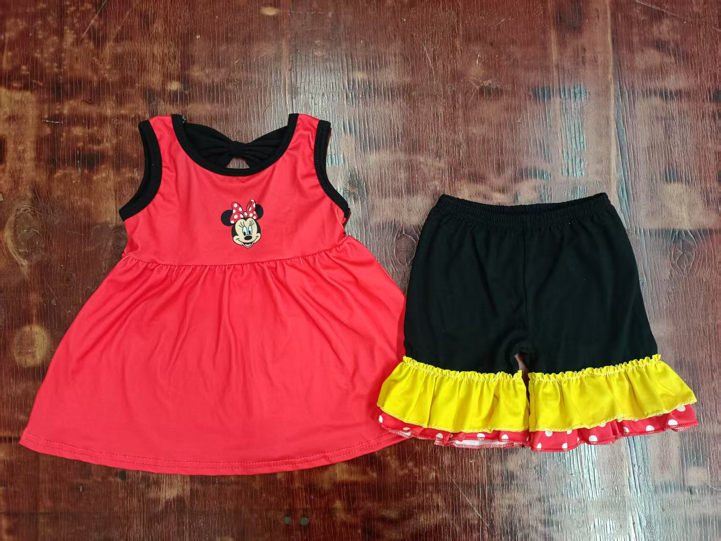 Preorder moq 5 Baby Girls Sleeveless Cartoon Mouse Tunic Black Ruffle Shorts Set