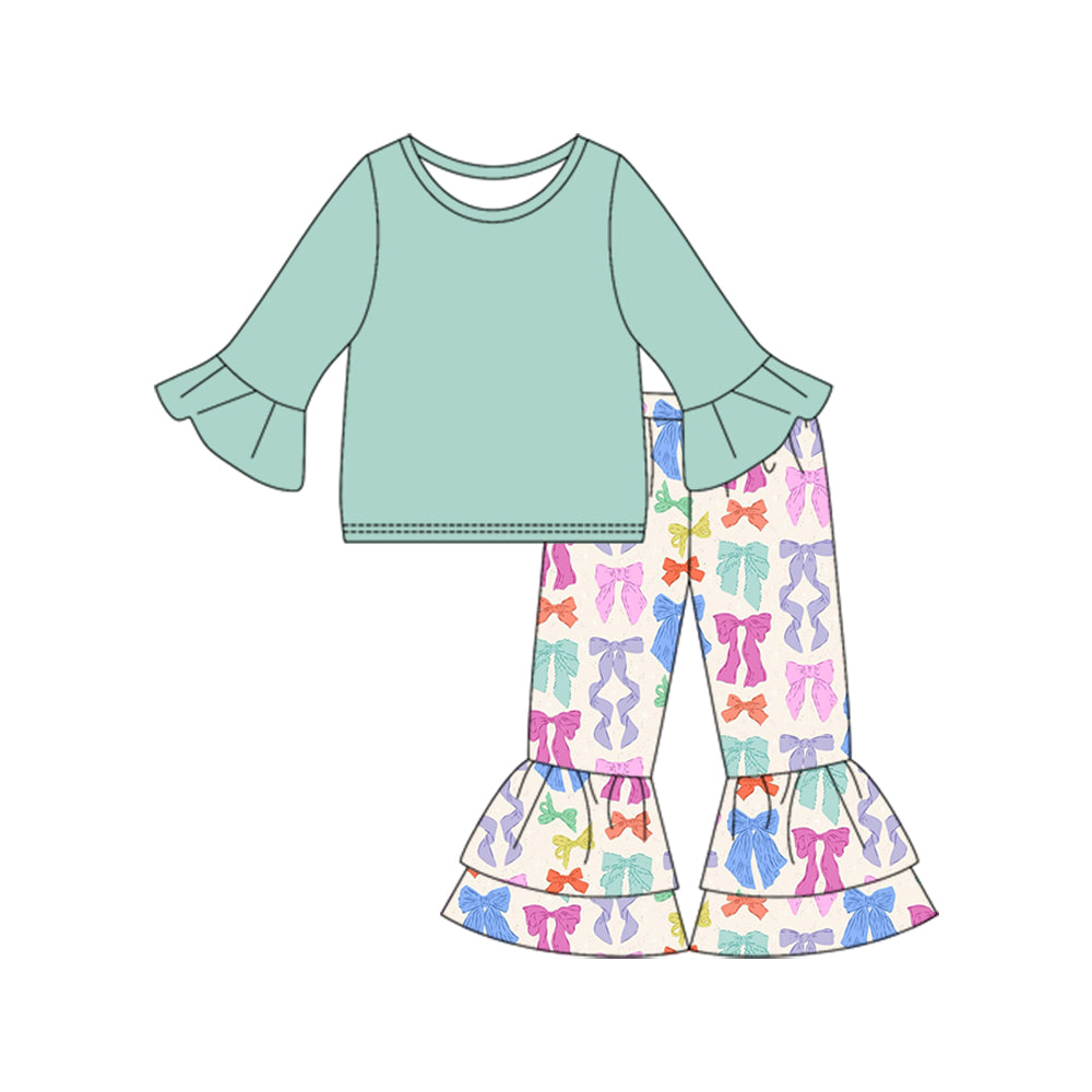 Preorder (moq 5)Baby Girls Green Long Sleeve Top Bows Ruffle Pants Sets