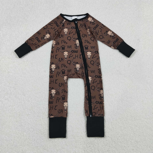 Baby Boys Brown Bull Skulls Western Two Way Zipper Convertible Rompers
