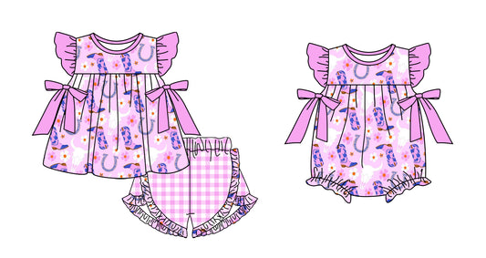 Preorder(moq 5 each)Sibling Baby Girls Western Boots Cow Tunic Top Shorts Bows Rompers Clothes Sets