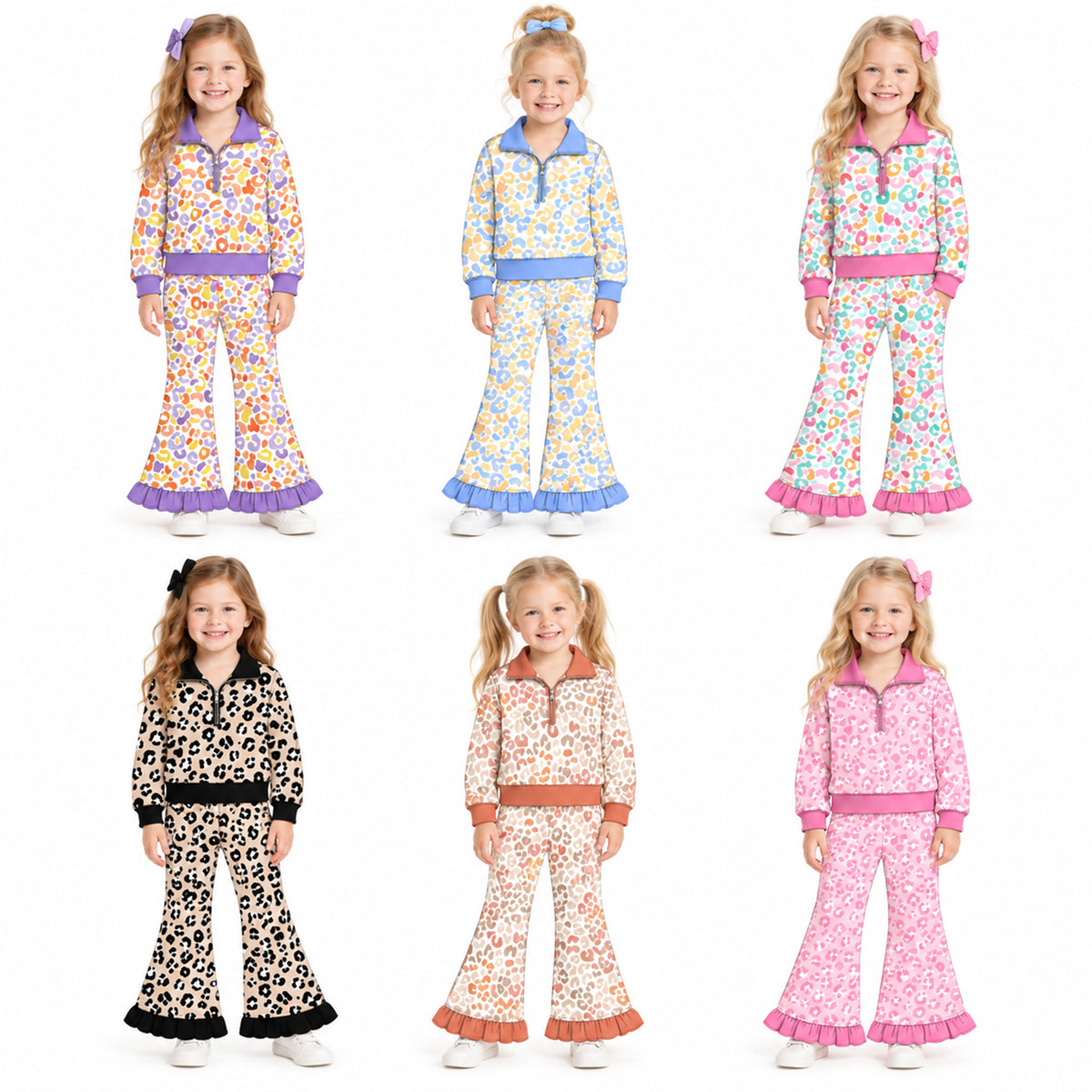 Preorder (moq 5) Baby Girl Clothes Rainbow Bright Leopard Print Long Sleeve Half Zip Top Ruffle Flare Pant Set
