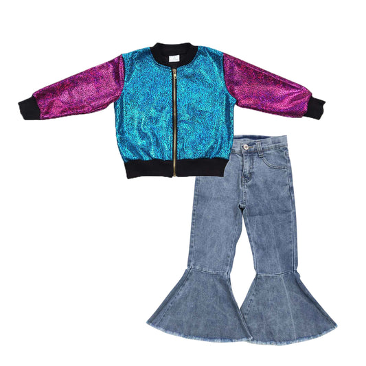 Baby Girls Sparkle Jackets Light Navy Bell Pants 2pcs Clothing Sets