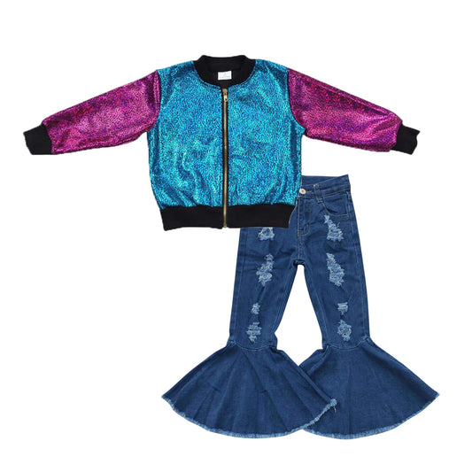 Baby Girls Blue Sparkle Jackets Distressed Bell Denim Pants 2pcs Clothing Sets