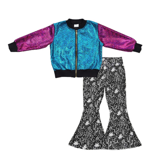Baby Girls Gold Sparkle Jackets Black Cactus Denim Pants 2pcs Clothing Sets