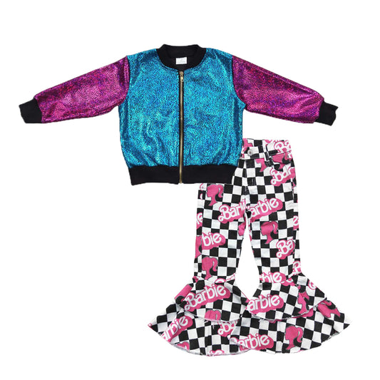 Baby Girls Gold Sparkle Jackets Doll Denim Pants 2pcs Clothing Sets