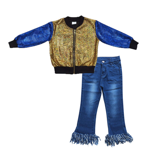 Baby Girls Gold Sparkle Jackets Tassel Denim Pants 2pcs Clothing Sets