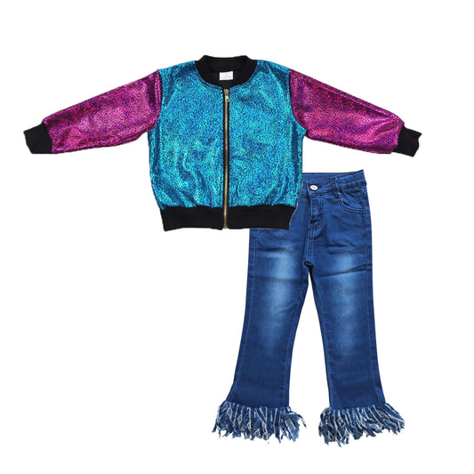 Baby Girls Sparkle Jackets Tassel Denim Pants 2pcs Clothing Sets
