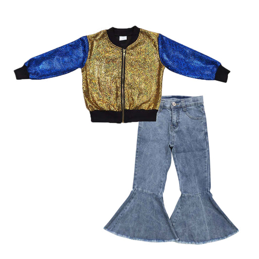 Baby Girls Gold Sparkle Jackets Light Navy Bell Pants 2pcs Clothing Sets