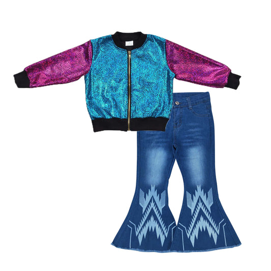 Baby Girls Sparkle Jackets Aztec Denim Bell Pants 2pcs Clothing Sets