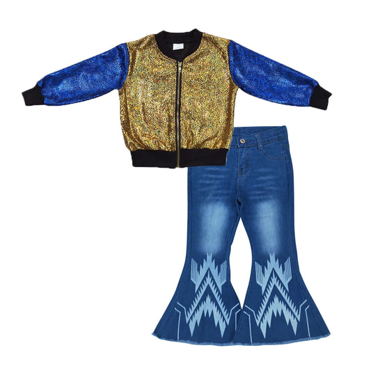 Baby Girls Gold Sparkle Jackets Aztec Denim Bell Pants 2pcs Clothing Sets