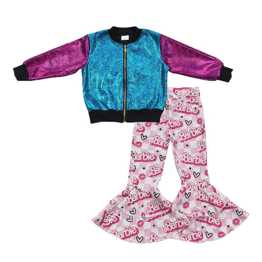 Baby Girls Blue Sparkle Jackets Doll Valentines Denim Bell Pants 2pcs Clothing Sets