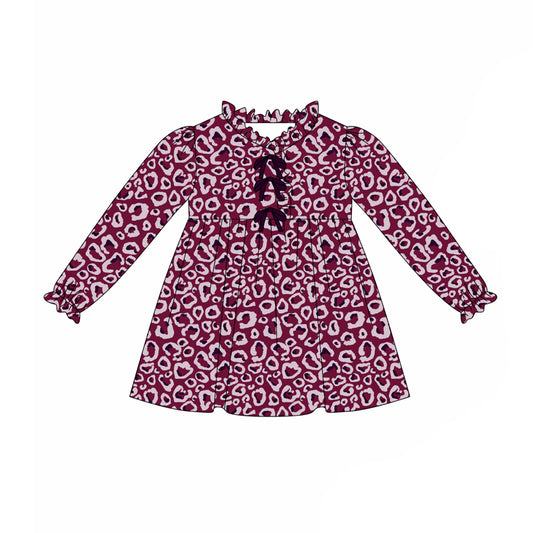 Preorder (moq 5)Baby Girls Maroon Leopard Bows Knee Length Dresses