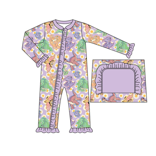 Baby Infant Girls Purple Dinosaurs Western Bamboo Long Sleeve Zip Rompers preorder(moq 5)