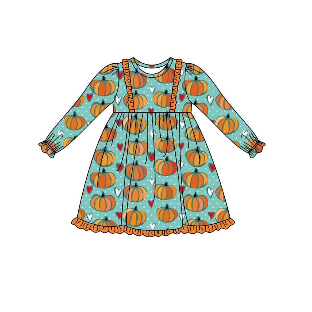 Baby Girls Pumpkin Hearts Ruffle Knee Length Dresses Preorder(moq 5)