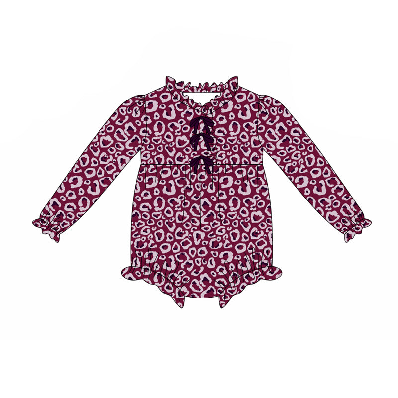 Preorder(moq 5)Baby Girls Maroon Leopard Bows Bows Rompers