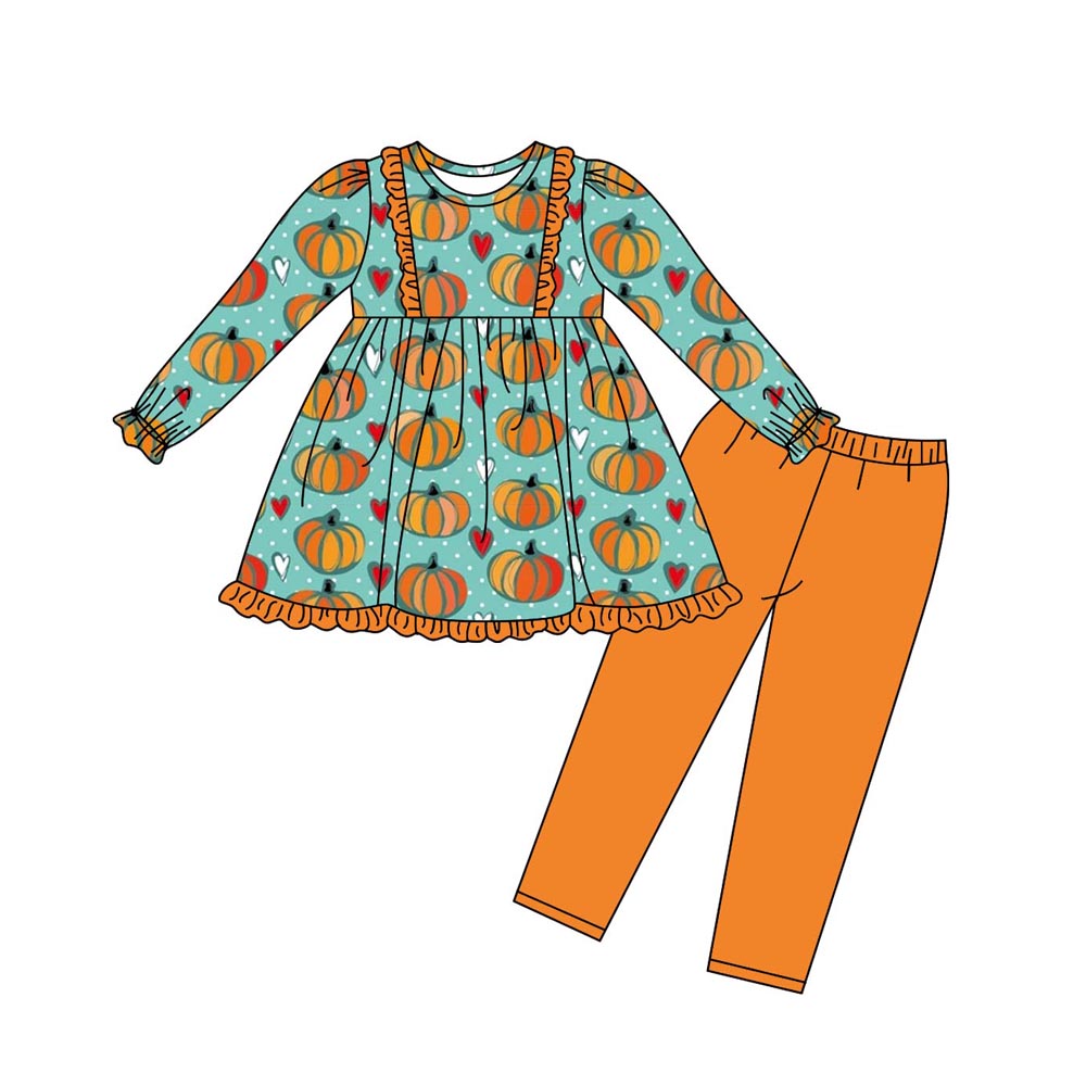 Baby Girls Pumpkin Hearts Tunic Top Legging Clothes Sets Preorder(moq 5)