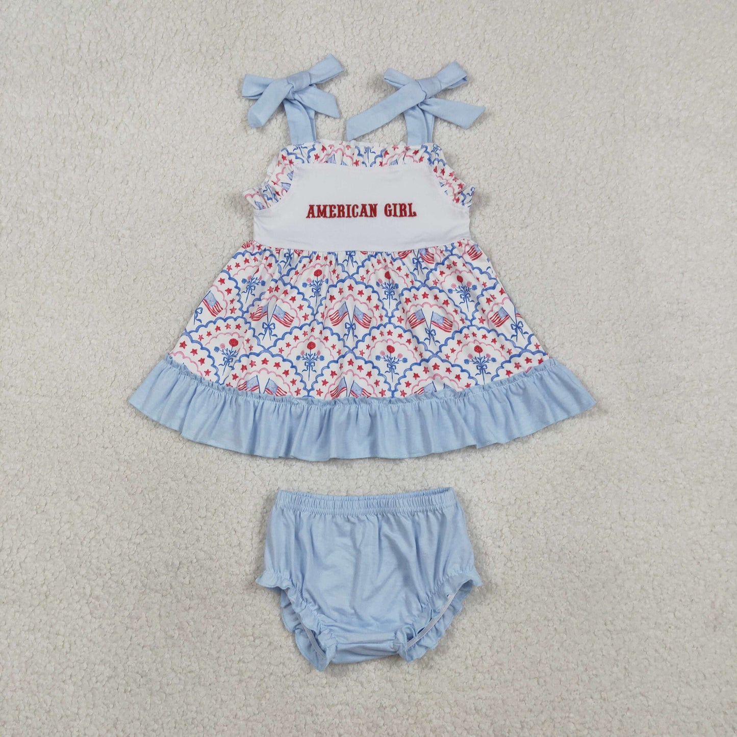Embroidery American Girls Strap Flags Flowers Tunic Bummies 4th of July Romper Sets